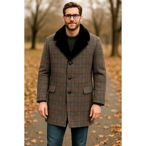 Huckberry Vintage M Plaid Wool Shearling Coat $550 Wide Lapel Long Jacket Gray - Picture 1 of 11